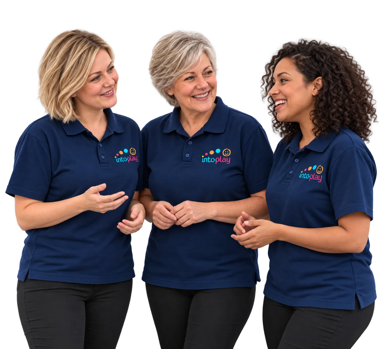 Three smiling Into-Play team members in uniform chatting together